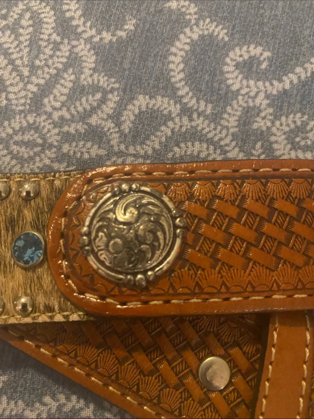 Nocona Hair On Hide Tooled Leather Belt Blue Rhinestone Boho Cowgirl Buckle Sz36